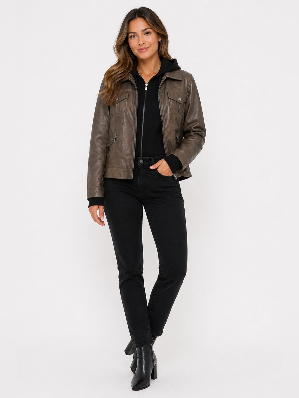 Bagatelle Collection Faux Leather Hooded Jacket